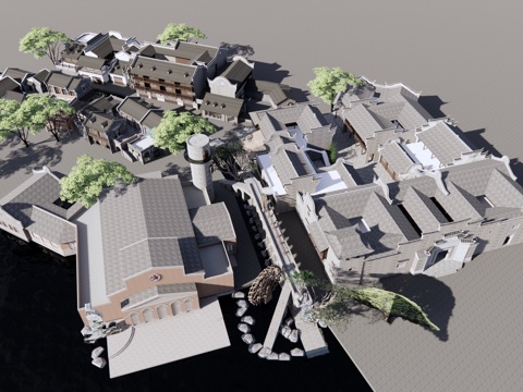 中式 鸟瞰图 古镇商业街江南水乡古镇旅游古镇步行街江南古街su模型