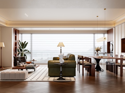 法式中古风客餐厅 沙发茶几 餐桌椅 电视背景墙 餐边柜su模型