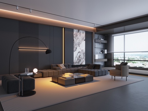 现代意式客餐厅 意式极简客餐厅 沙发背景墙 电视背景墙 餐厅su模型