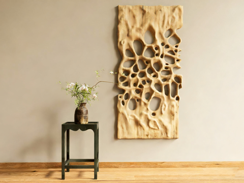 侘寂风艺术装饰 自然风格装饰艺术品 多孔洞木质墙面装置 陶瓷su模型