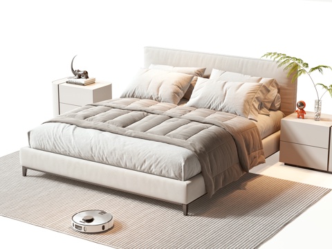  现代双人床 床 双人床 床头柜 摆件 枕头 书 绿植 饰品3d模型 