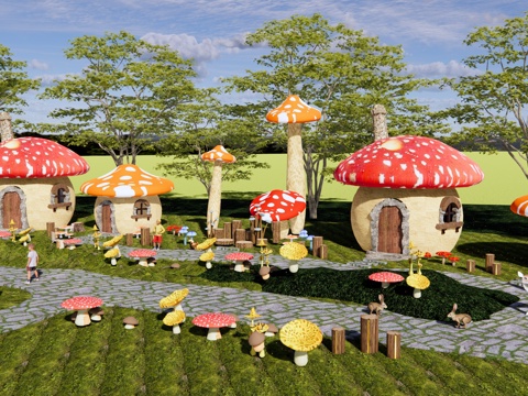 现代 公园 蘑菇主题儿童游乐公园 蘑菇屋 森林儿童公园 蘑菇su模型