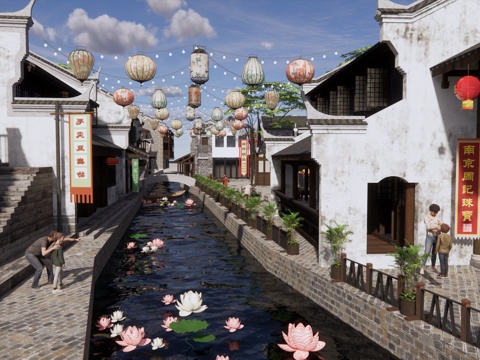 中式 商业街 古镇商业街江南水乡古镇步行街古镇水巷古灯笼氛围su模型