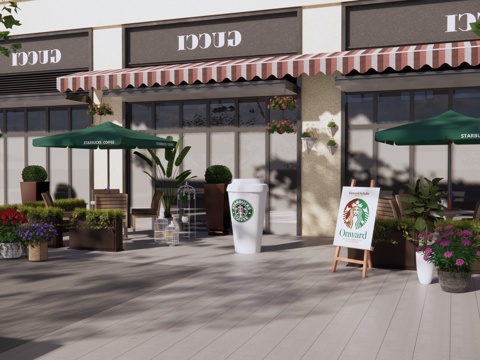 现代 门头 商业外摆 商业店铺 座椅外摆 咖啡店 花箱 商业su模型