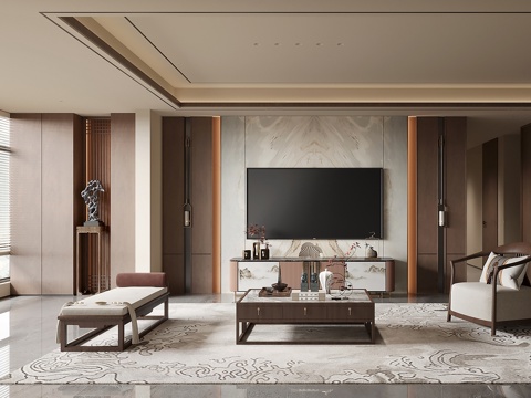 新中式客厅电视墙 新中式沙发茶几 新中式电视背景墙 新中式电su模型