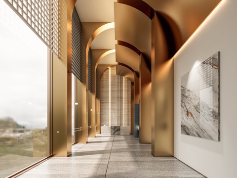 走廊过道大厅 拱形过道吊顶 拱形造型 造型顶su模型