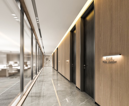 办公过道走廊 办公区过道走廊 公司过道走廊 木板门玻璃隔断su模型