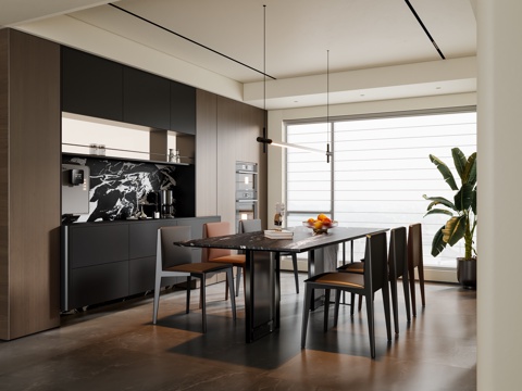 现代意式餐厅 餐桌椅 吊灯 餐边柜su模型