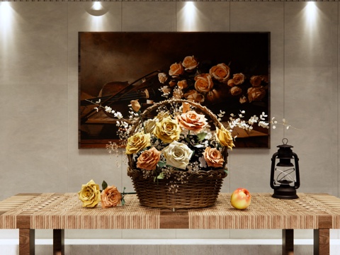 现代 花篮 花篮干花摆件 插花花艺组合 装饰品摆件 竹编花篮su模型