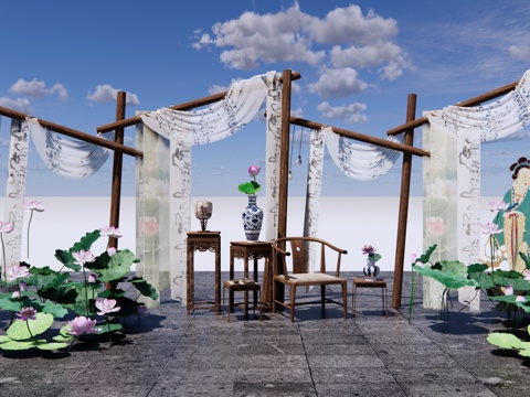 新中式 美陈 国潮美陈 中国陈设 荷花景观 禅意纱幔 隔断屏su模型