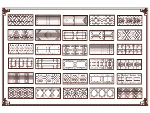 中式屏风隔断 窗花窗格 镂空窗格 镂花窗 木雕花窗 木窗su模型