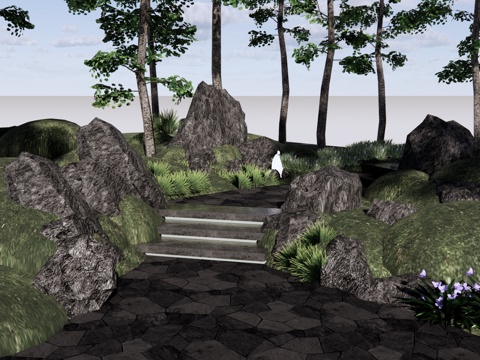 新中式 景观小品 台阶景观 景观石阶 景观石头组团 庭园假山su模型