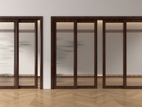 新中式推拉门 阳台门 玻璃推拉门 厨房门su模型