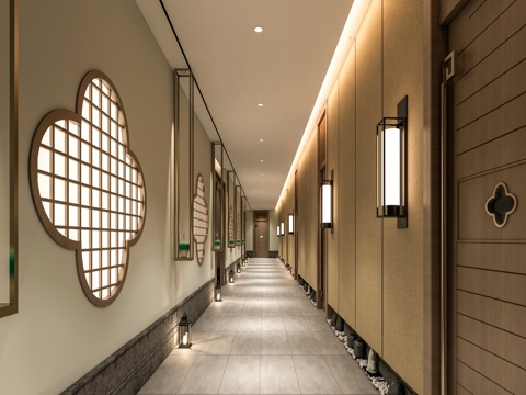 酒店过道走廊 会所商业空间走廊 墙面装饰墙饰 走廊过道 壁灯su模型