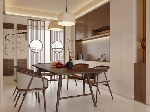  新中式餐厅 宋氏餐厅 餐桌椅 餐边柜3d模型 