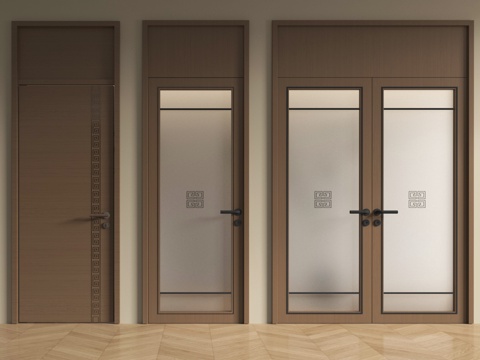 新中式单开门 双开门 玻璃门 房门 厨卫门 实木su模型