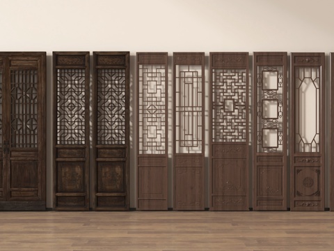 中式复古单开门 中式复古单开门 花格扇 镂空花格su模型