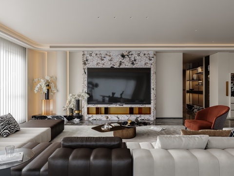 现代轻奢客厅电视 现代奶油电视背景 现代简约客厅茶几 现代电su模型