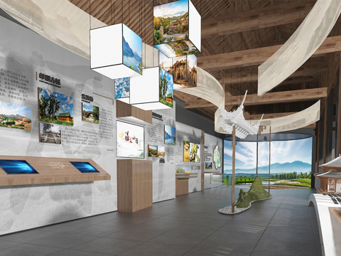 新中式文化展厅 展墙展台 文化博物馆su模型