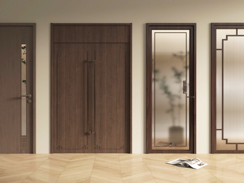 新中式单开门 双开门 玻璃门 房门 厨卫门 实木su模型