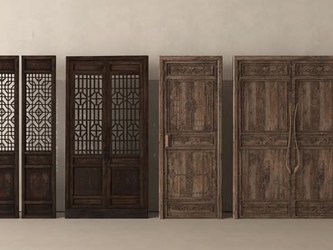中式复古门 旧木 中式  老木门 镂空花格su模型