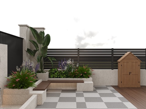  现代法式庭院景观 休闲花池卡座 储物间 设备间 围墙围栏格栅3d模型 