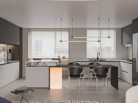 现代极简岛台厨房 现代岛台餐桌椅 极简餐厅吊灯 黑白灰岛台餐su模型su模型