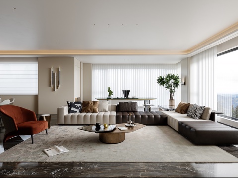 现代简约客厅平层 现代沙发茶几组合 现代奶油客厅 现代轻奢客su模型