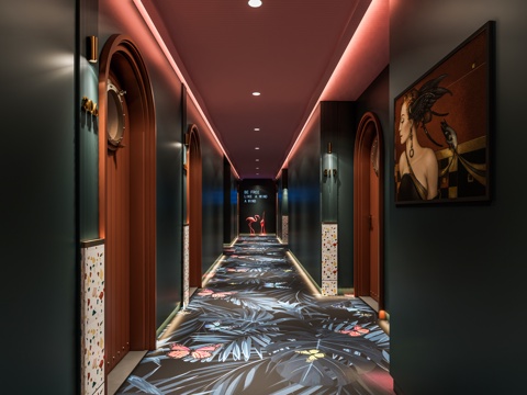 酒店过道走廊 会所商业空间走廊 墙面装饰墙饰 KTV过道走廊su模型