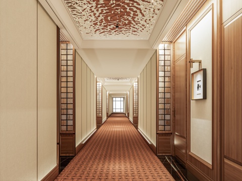 酒店过道走廊 会所商业空间走廊 墙面装饰墙饰 水波纹吊顶 走su模型