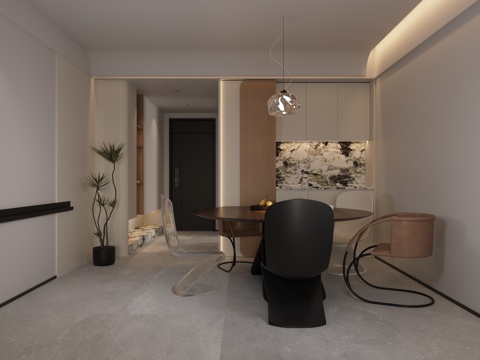  中古风餐厅 中古极简餐厅  黑白灰餐厅 弧形墙板 弧形吊3d模型 