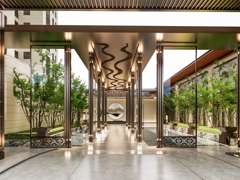 户外廊架走廊 小区大门入口 走廊亭子廊架 端景水景柱子su模型