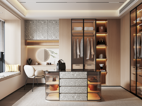 意式现代衣帽间 衣柜 岛台衣帽间su模型