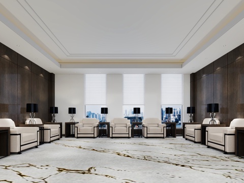  新中式接待室 单人沙发 台灯 边几 百叶 地毯 会客厅3d模型 