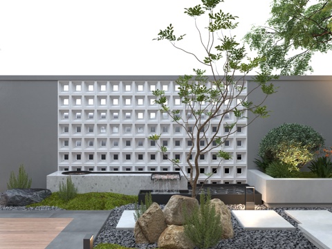  现代庭院景观 花园景墙 围墙 镂空石材空心砖 水系水景 叠水3d模型 