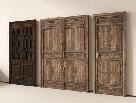 中式复古门 旧木 中式  老木门 镂空花格su模型