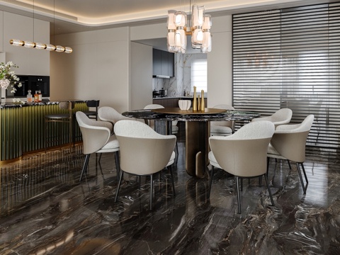 现代轻奢圆餐桌椅 现代轻奢吧台吧椅 现代轻奢餐厅吊灯 意式深su模型