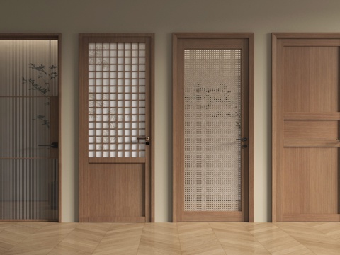 新中式单开门 宋氏风单开门 藤编门 玻璃门su模型