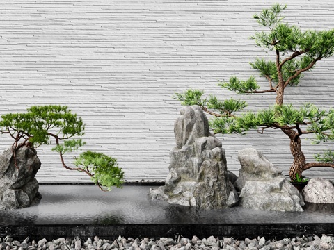  新中式景观 假山 水景 枯山水 庭院景观 小品 松树 石头3d模型 