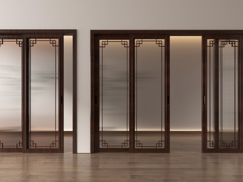 新中式推拉门 阳台门 玻璃推拉门 厨房门su模型