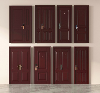 新中式单开门 双开门  房门 防盗门 实木 入户门su模型