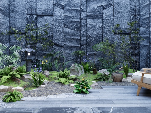 现代日式 禅意 天井 地下室景观 山石微地形 砾石汀步 休闲su模型