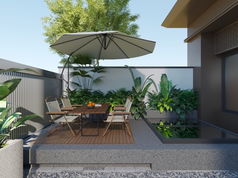  现代庭院花园 围墙围栏 格栅 休闲柚木餐桌椅 遮阳伞 采光天3d模型 