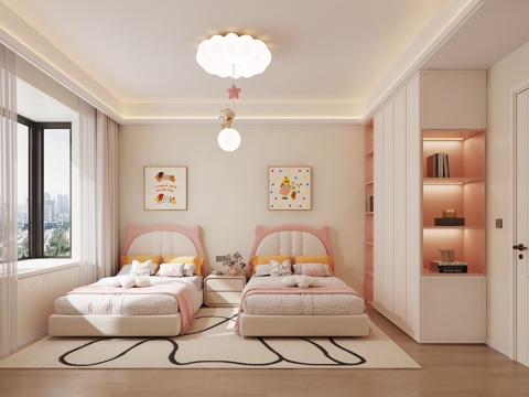  儿童房女孩房双人床卧室3d模型 