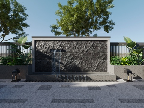  现代庭院花园 围墙围栏 格栅 中式景墙 叠水景墙组合3d模型 