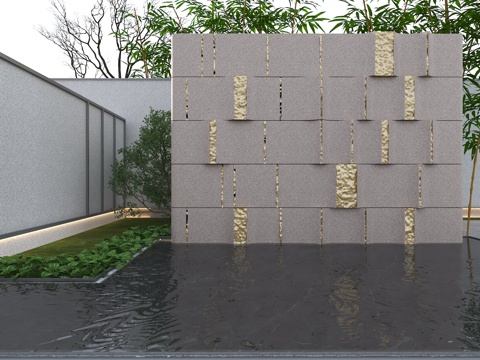  现代水景景墙 现代景墙 庭院水景景墙3d模型 