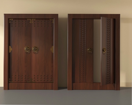 现代新中式双开门 古建铜门 入户双开门 别墅古铜大门su模型