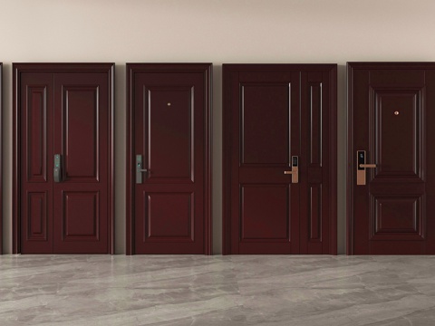 新中式单开门 双开门  房门 防盗门 实木 入户门su模型