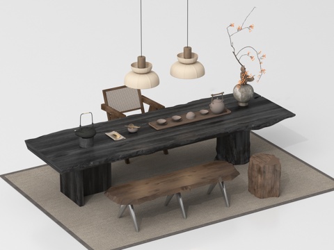 新中式中古茶桌椅 茶具 长凳 休闲椅su模型su模型