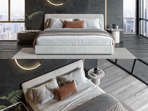  现代双人床 床 双人床 床头柜 摆件 枕头 书 绿植 饰品3d模型 